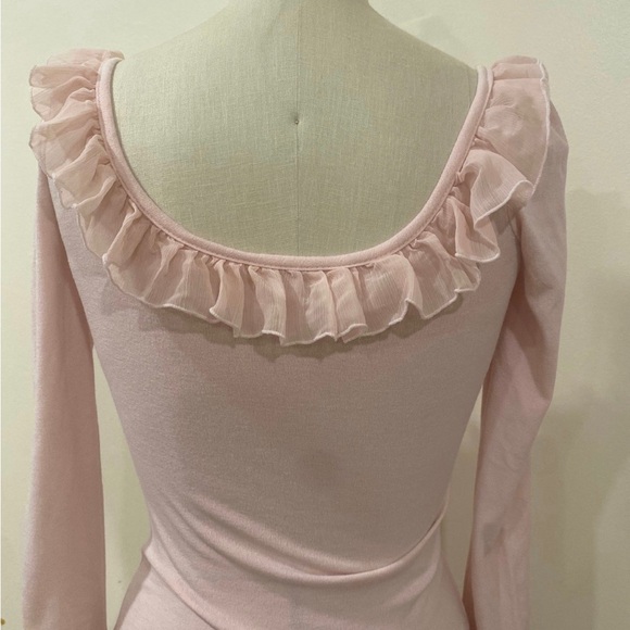 Y2k vintage Chic Light Pink Ruffle Neck Women's Blouse - Picture 4 of 4
